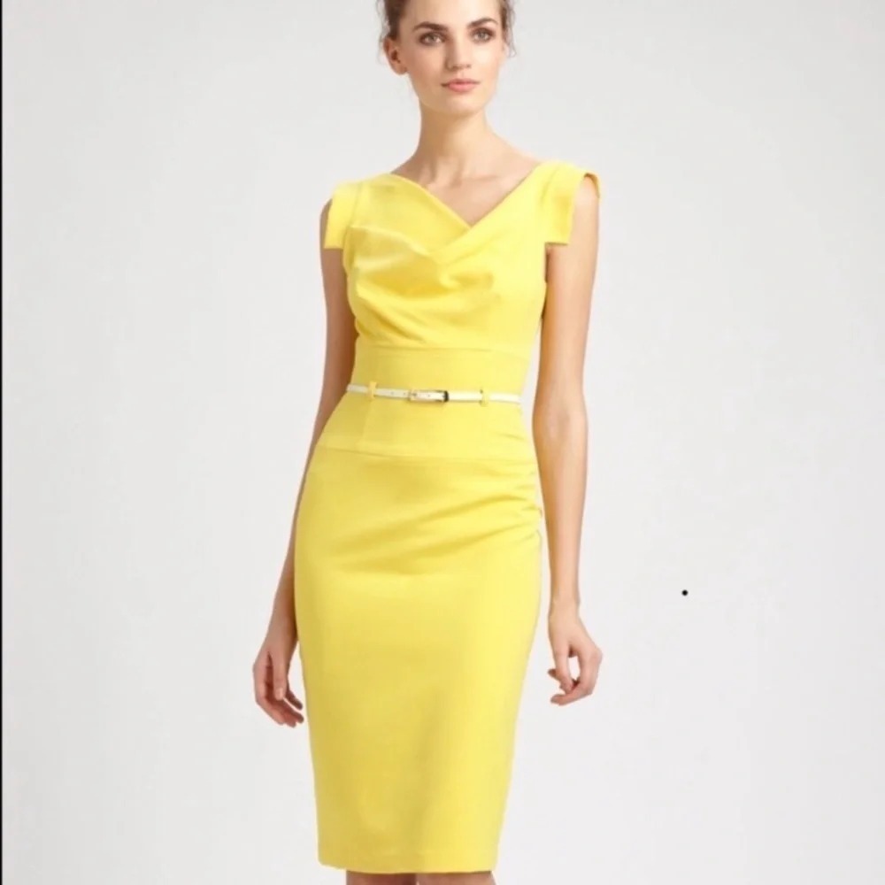 Black Halo Jackie O Belted Dress Yellow Size 8 Rare Color Gorgeous